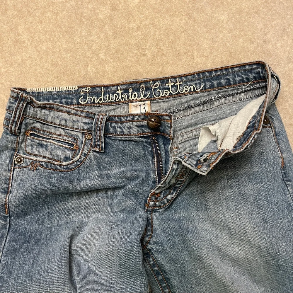 Industrial Cotton Y2K Low Rise Flare Embroidered Blue Denim Jeans Junior Size 13